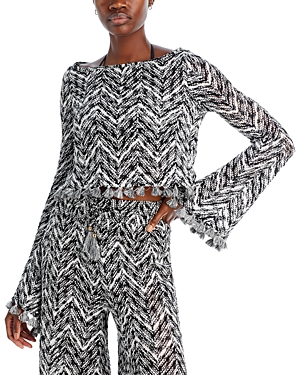 Ramy Brook Kaiya Chevron-knit Tassel-trim Crop Top In Black Space