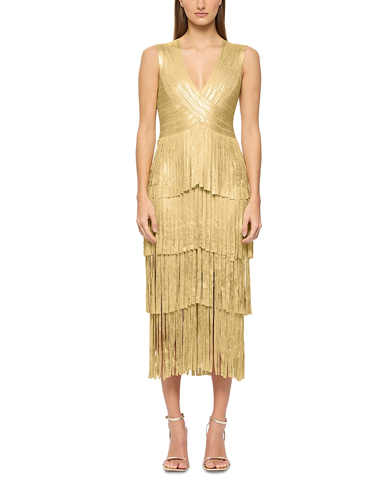 Herve Leger Foiled Bandage Fringe Midi Dress In Gold Foil