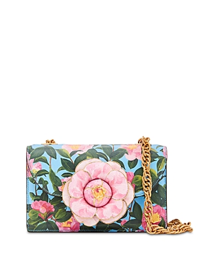 Shop Oscar De La Renta Classic Tro Floral Print Leather Shoulder Bag In Light Blue Multi/brass