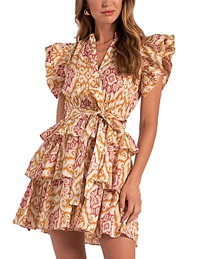 Elan Cotton Tiered Floral Dress In Gold Ikat