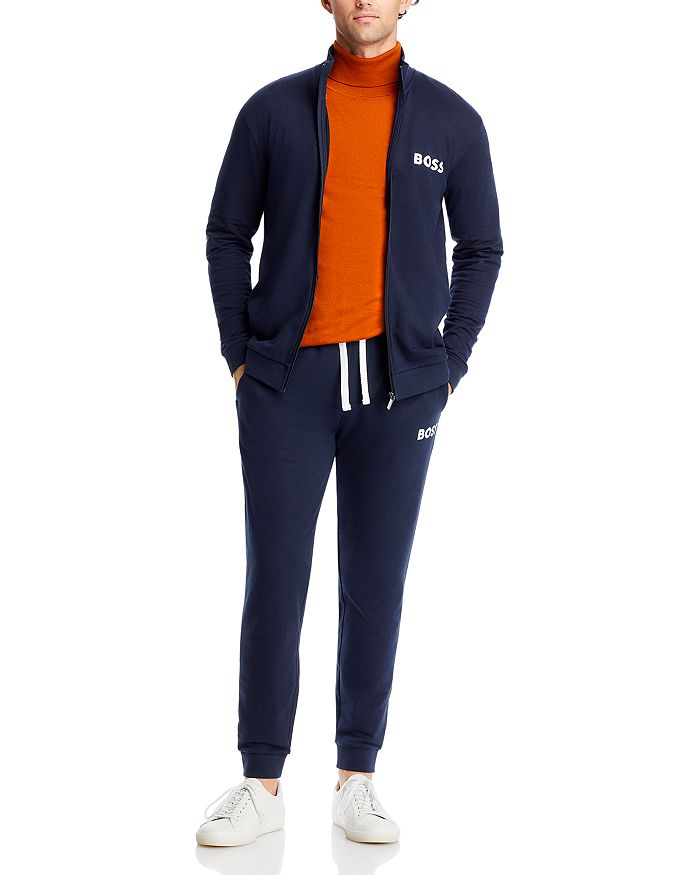 Shop Hugo Boss Ease Cotton Logo Print Full Zip Jacket Regular Fit In Dark Blue