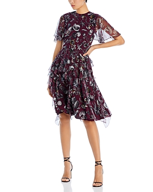 Shop Jason Wu Collection Marine Print Ruffled Silk Dress In Fig Multi