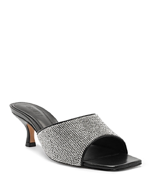 SCHUTZ WOMEN'S DETHALIA SQUARE TOE RHINESTONE MID HEEL SANDALS