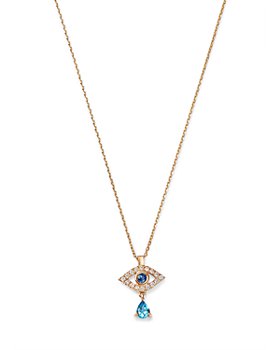 Bloomingdale's - Blue Sapphire, Blue Topaz & Diamond Evil Eye Dangle Pendant Necklace in 14K Yellow Gold, 17"