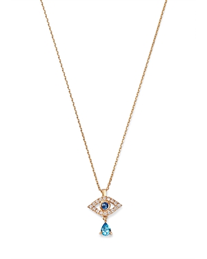 Bloomingdale's Blue Sapphire, Blue Topaz & Diamond Evil Eye Dangle Pendant Necklace In 14k Yellow Gold, 17 In Blue/gold