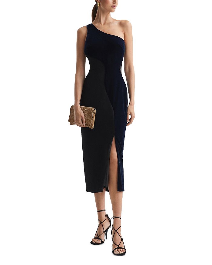 REISS Cassie One Shoulder Velvet Panel Midi Dress | Bloomingdale's