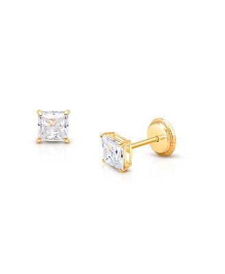 Tiny Blessings - Girls' 14K Gold 4mm Princess Cut Studs Screw Back Earrings - Baby, Little Kid, Big Kid