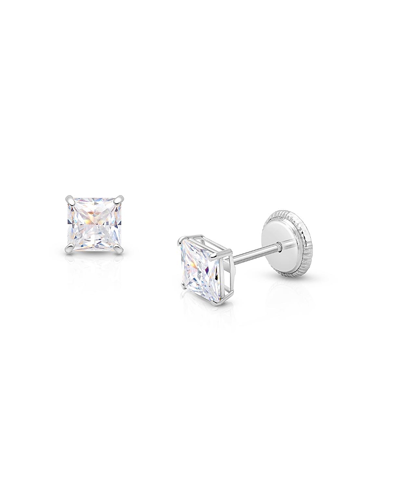 Tiny Blessings Girls 14k Gold 4mm Princess Cut Studs Screw Back Earrings - Children In K White Gold