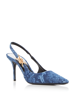 Shop Versace Women's Slingback Barocco Print Denim Pumps In Blue