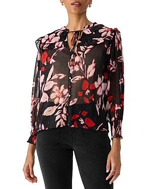 Sanctuary Womens Floral Print Tie Neck Button-down Top In Poinsettia