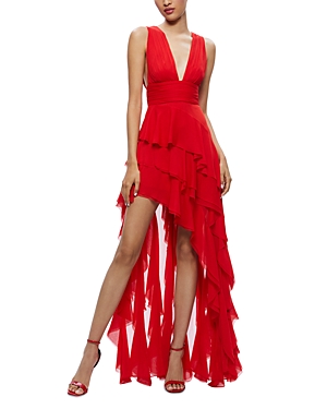 Shop Alice And Olivia Holly Low Neck Asymmetric Ruffled Maxi Dress In Bright Ruby