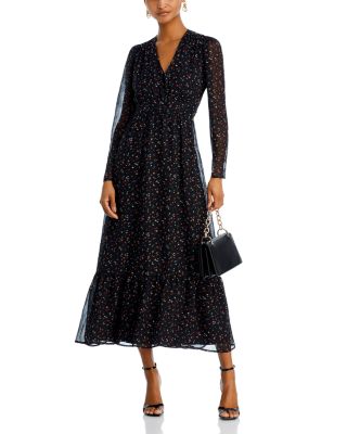 Aqua Floral Print Long Sleeve Midi Dress - 100% Exclusive In Navy