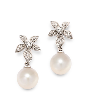 Bloomingdale's Cultured Freshwater Pearl & Diamond Flower Drop Earrings in 14K White Gold