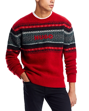 Hugo Soslo Patterned Long Sleeve Crewneck Logo Sweater In Open Pink