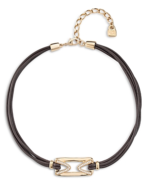 Uno De 50 The One Leather & White Topaz Necklace In 18k Gold Plated, 13.4 In Black/gold