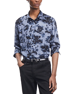 The Kooples Watercolor Garden Long Sleeve Button Front Shirt In Black Blue