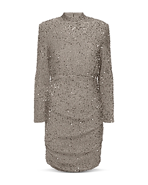 Vero Moda Bella Long Sleeve Embellished Dress In Pumice Stone
