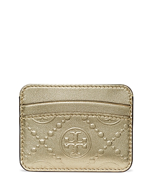 Tory Burch T Monogram Metallic Embossed Leather Card Case In Gold