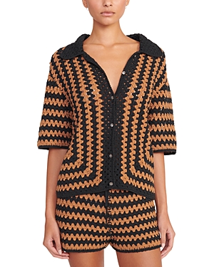 Shop Staud Mabel Crochet Collared Shirt In Black/tan Seashore Stripe