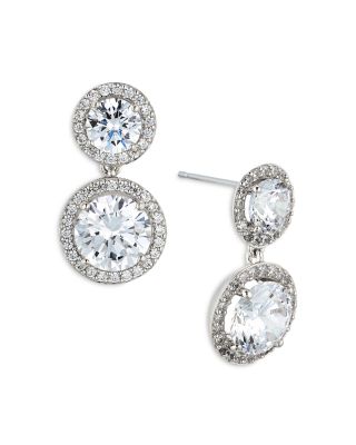Round Double Halo Drop Earrings in 18K Gold Plated or Rhodium Plated 