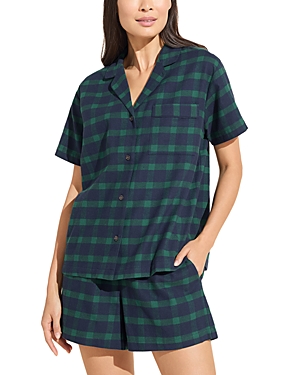 Shop Eberjey Flannel Short Holiday Pajama Set In True Navy/window Plaid