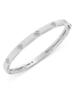 Roberto Coin - 18K White Gold Love in Verona Diamond Flower Satin Narrow Bangle Bracelet