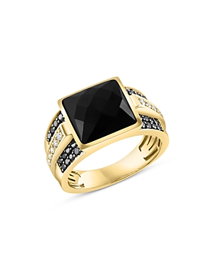 Bloomingdale's Men's Onyx, White & Black Diamond Ring In 14k Yellow Gold In Black/gold