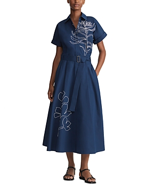 Shop Lafayette 148 Cotton Embroidered Belted Midi Dress In Midnight Blue