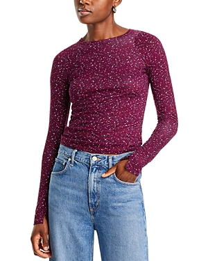 Rag & Bone Shaw Houndstooth Long Sleeve Cotton Top In Burgundy Multi