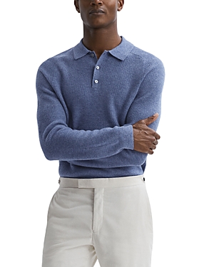 Reiss Blue Melange Wool Long Sleeve Polo Shirt In Blue Melan