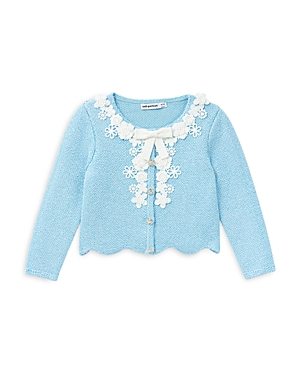 Shop Self-portrait Girls' Floral Trim Sequined Knit Cardigan - Little Kid, Big Kid In Blue