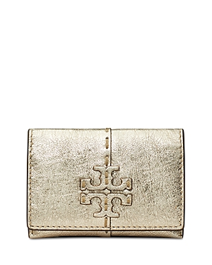 Shop Tory Burch Mcgraw Metallic Leather Flap Card Case In Gold