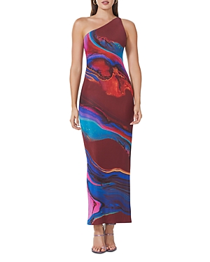 Shop Afrm Foley Printed One Shoulder Open Back Maxi Dress In Ocean Marble