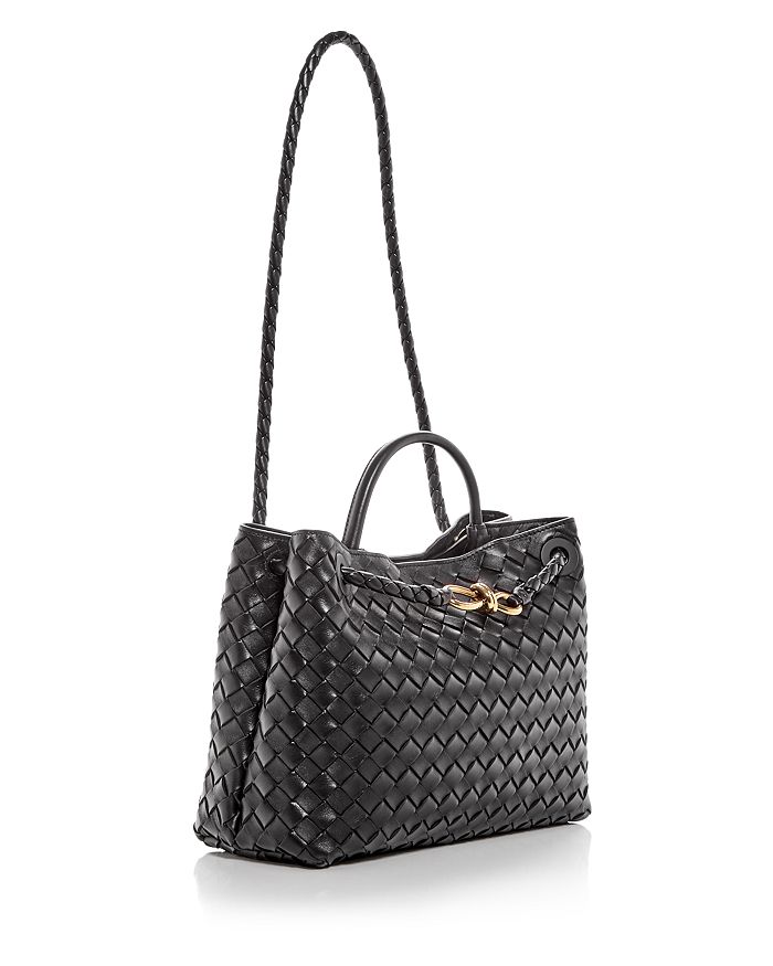 Shop Bottega Veneta Medium Andiamo Intrecciato Leather Shoulder Bag In Black/gold