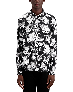 The Kooples Watercolor Garden Long Sleeve Button Front Shirt In Black/ White