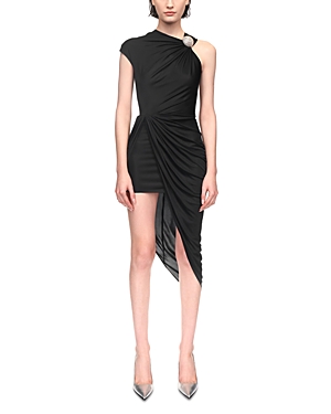 Shop David Koma Ruched Asymmetric Dress In Black/silver
