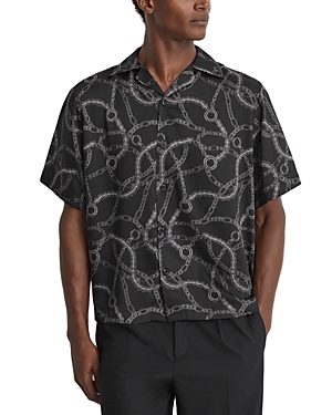 Reiss Quest Printed Short Sleeve Button Front Camp Shirt In Black