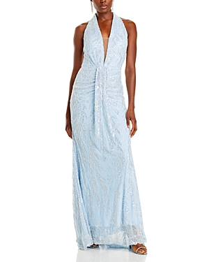 Shop Aqua Embellished Plunging V Neck Gown - 100% Exclusive In Light Blue