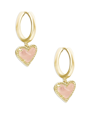 Kendra Scott Ari Heart Drop Huggie Hoop Earrings In Gold Rose Quartz