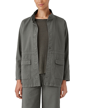 Shop Eileen Fisher Stand Collar Long Jacket In Grve
