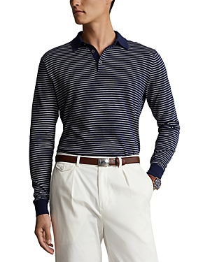 Shop Polo Ralph Lauren Cotton Stripe Regular Fit Polo Collar Sweater In Bright Navy Combo