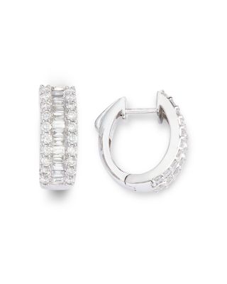 Diamond Baguette & Round Huggie Hoop Earring in 14K White Gold, 2.0 tcw 