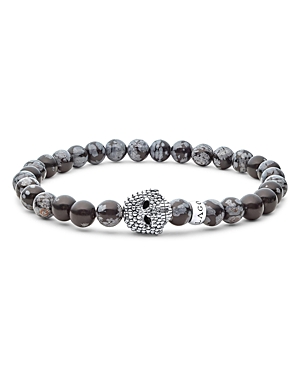 Men's Sterling Silver Anthem Snowflake Obsidian Bead Skull Stretch Bracelet - 100% Exclusive