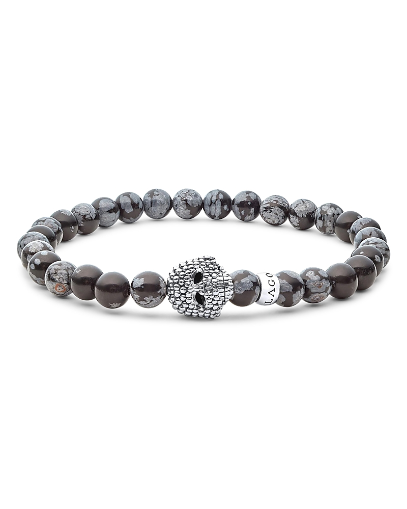 Lagos Men's Sterling Silver Anthem Snowflake Obsidian Bead Skull Stretch Bracelet - Exclusive In Black/silver