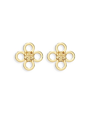 Shop Tory Burch Kira Logo Clover Stud Earrings In 18k Gold Plated