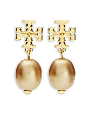 Shop Tory Burch Kira Logo & Cultured Freshwater Pearl Drop Earrings In 18k Gold Plated