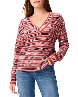 Nic + Zoe Island Sunset Stripe V-neck Sweater In Pink Multi