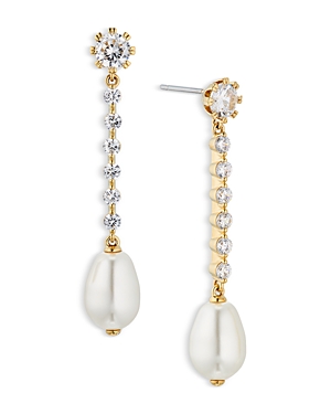 Shop Nadri Linear Imitation Pearl Drop Earrings In 18k Gold Plated In White/gold
