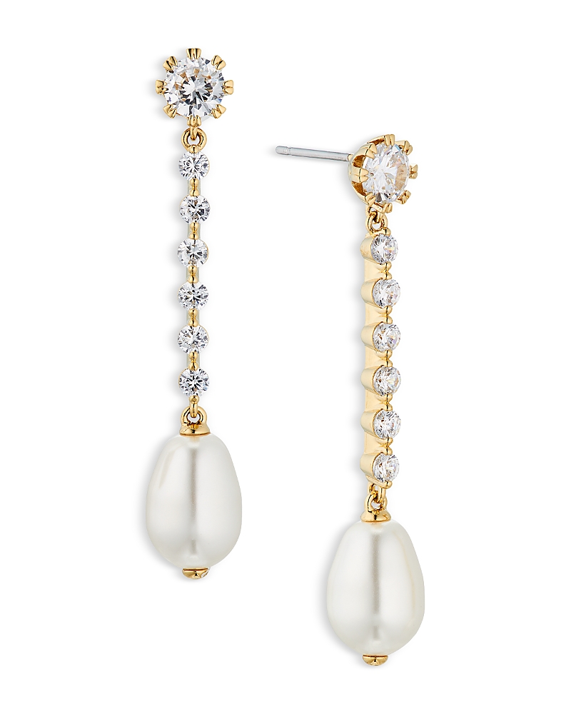 Nadri Crystal Imitation Pearl Linear Earrings In White/gold
