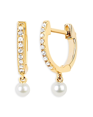 Shop Ef Collection 14k Yellow Gold Diamond & Cultured Freshwater Pearl Huggie Drop Earrings In White/gold